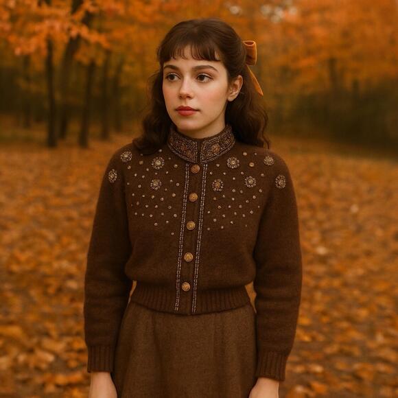 Sweaters - Vintage Vango Cardigan S Brown‎ Angora Beaded Embellished Mock Neck 70s Coquette